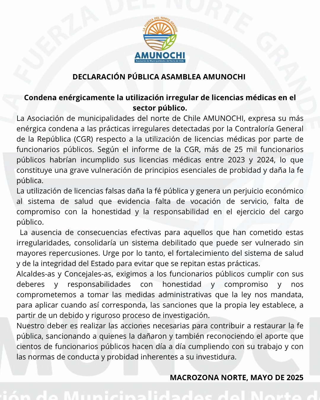 AMUNOCHI Condena enérgicamente la utilización irregular de licencias médicas en el sector público.