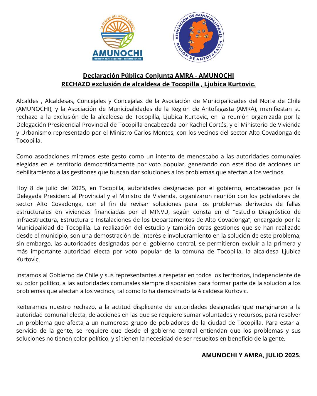 Declaración Pública Conjunta AMRA – AMUNOCHI