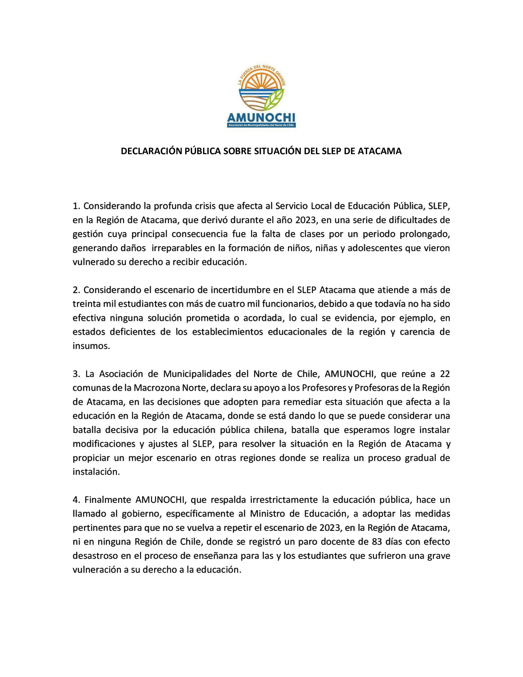 Declaración Pública de AMUNOCHI sobre situación del SLEP Atacama